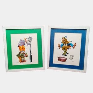 Vintage 70's 2 Clown Wall Art Prints Pictures Framed Signed Artist Casa Mitjana